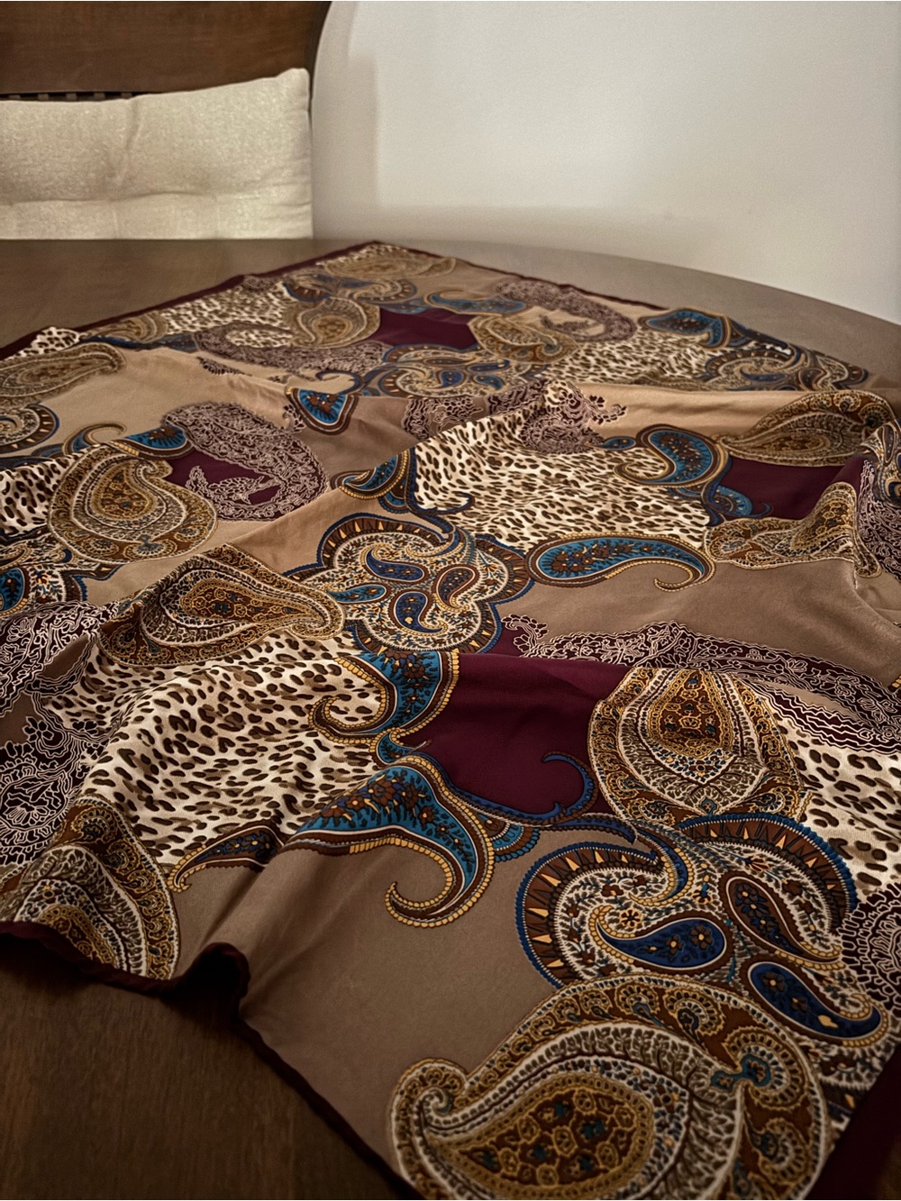Paisley & Leopard Print Silk Scarf in Taupe, Burgundy and Blue Accents